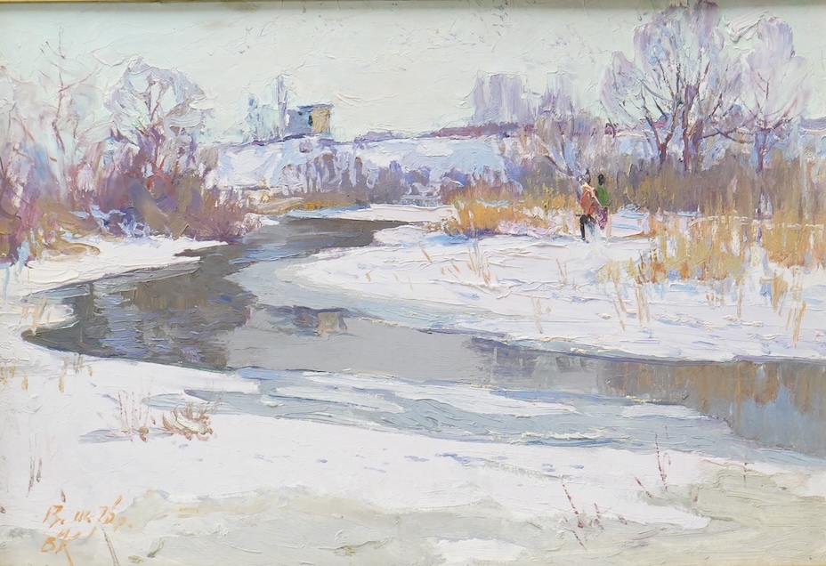 Stepan Lvovich Koshevoi (1921-1977), snowy riverscape, signed, oil on board, 33 x 49cm